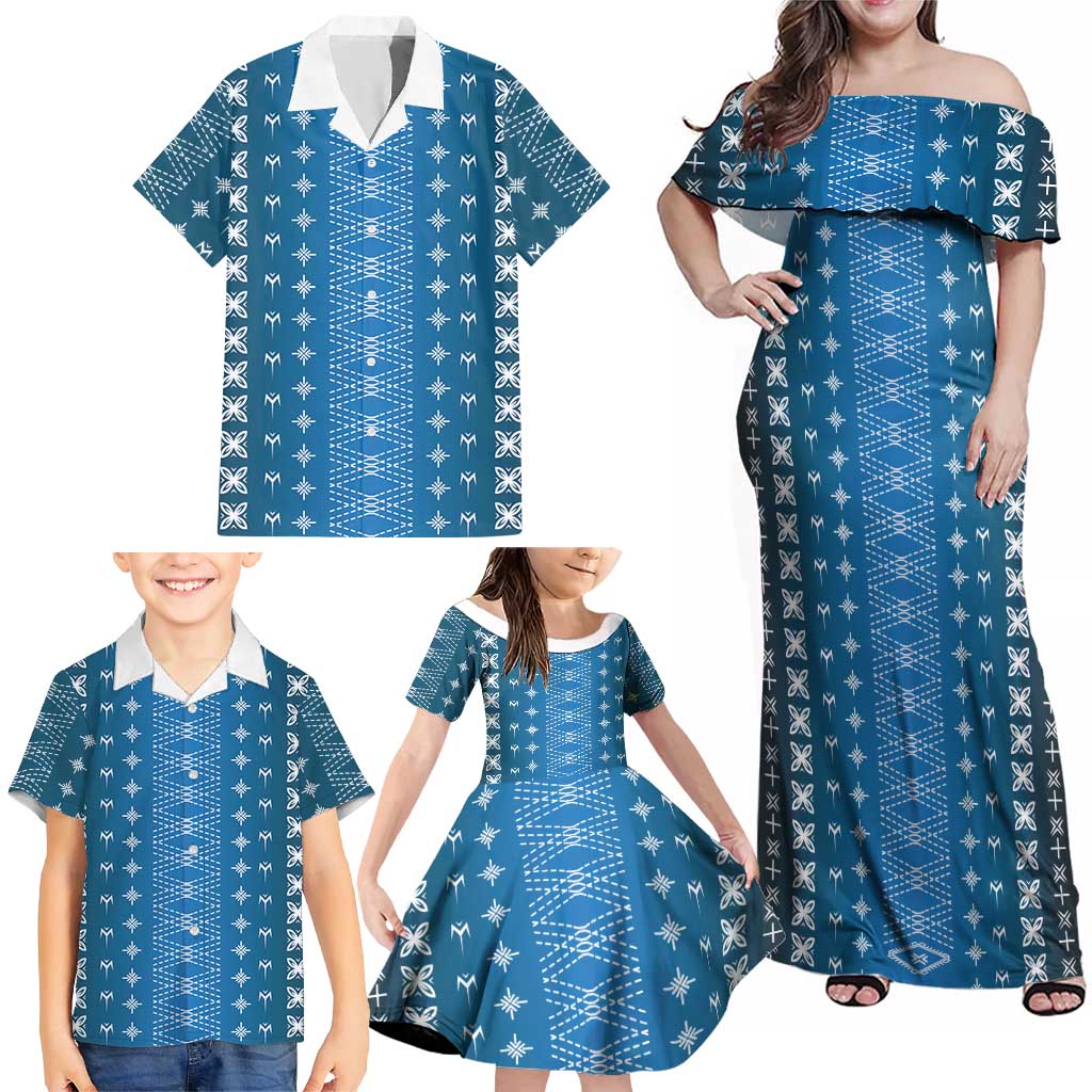 Blue Samoa Malu Tattoo Inspired Family Matching Off Shoulder Maxi Dress and Hawaiian Shirt LT05 - Polynesian Pride