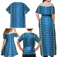 Blue Samoa Malu Tattoo Inspired Family Matching Off Shoulder Maxi Dress and Hawaiian Shirt - Polynesian Pride