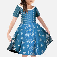 Blue Samoa Malu Tattoo Inspired Family Matching Off Shoulder Short Dress and Hawaiian Shirt - Polynesian Pride