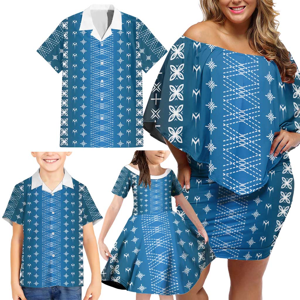 Blue Samoa Malu Tattoo Inspired Family Matching Off Shoulder Short Dress and Hawaiian Shirt - Polynesian Pride