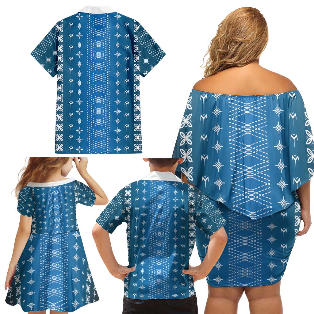 Blue Samoa Malu Tattoo Inspired Family Matching Off Shoulder Short Dress and Hawaiian Shirt - Polynesian Pride