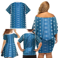 Blue Samoa Malu Tattoo Inspired Family Matching Off Shoulder Short Dress and Hawaiian Shirt - Polynesian Pride