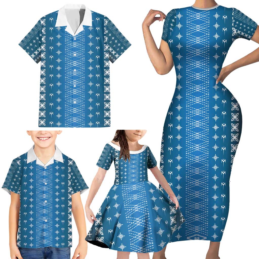 Blue Samoa Malu Tattoo Inspired Family Matching Short Sleeve Bodycon Dress and Hawaiian Shirt - Polynesian Pride