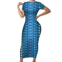 Blue Samoa Malu Tattoo Inspired Family Matching Short Sleeve Bodycon Dress and Hawaiian Shirt - Polynesian Pride