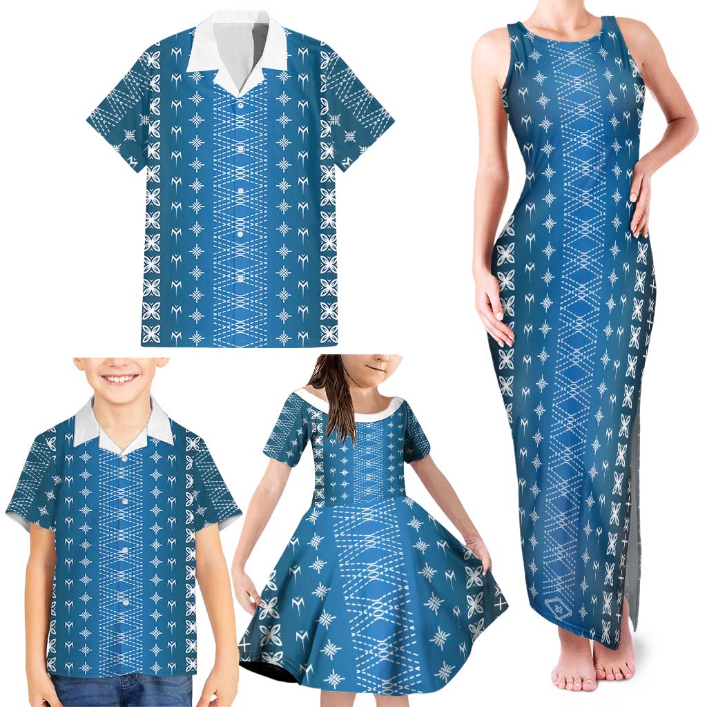 Blue Samoa Malu Tattoo Inspired Family Matching Tank Maxi Dress and Hawaiian Shirt LT05 - Polynesian Pride