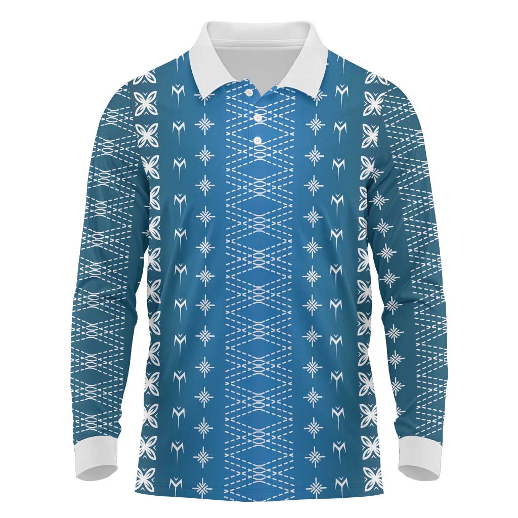 Blue Samoa Malu Tattoo Inspired Long Sleeve Polo Shirt LT05 Blue - Polynesian Pride