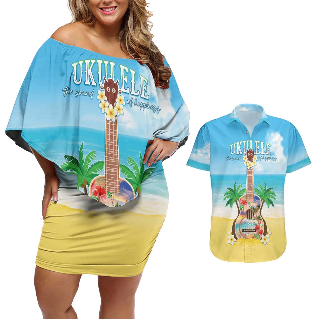 Hawaiian Ukulele Couples Matching Off Shoulder Short Dress and Hawaiian Shirt Sound Of Happiness