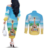 Hawaiian Ukulele Couples Matching Off The Shoulder Long Sleeve Dress and Long Sleeve Button Shirt Sound Of Happiness