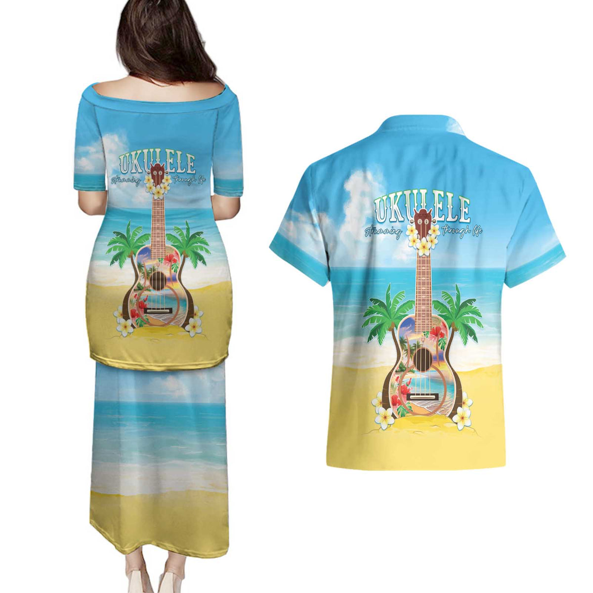 Hawaiian Ukulele Couples Matching Puletasi and Hawaiian Shirt Sound Of Happiness