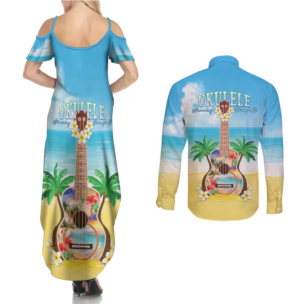 Hawaiian Ukulele Couples Matching Summer Maxi Dress and Long Sleeve Button Shirt Sound Of Happiness
