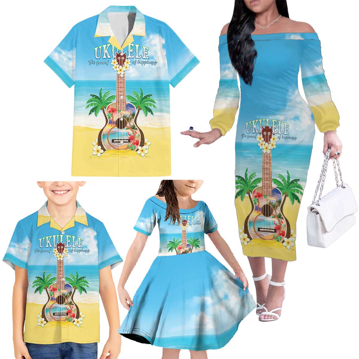 Hawaiian Ukulele Family Matching Off The Shoulder Long Sleeve Dress and Hawaiian Shirt Sound Of Happiness