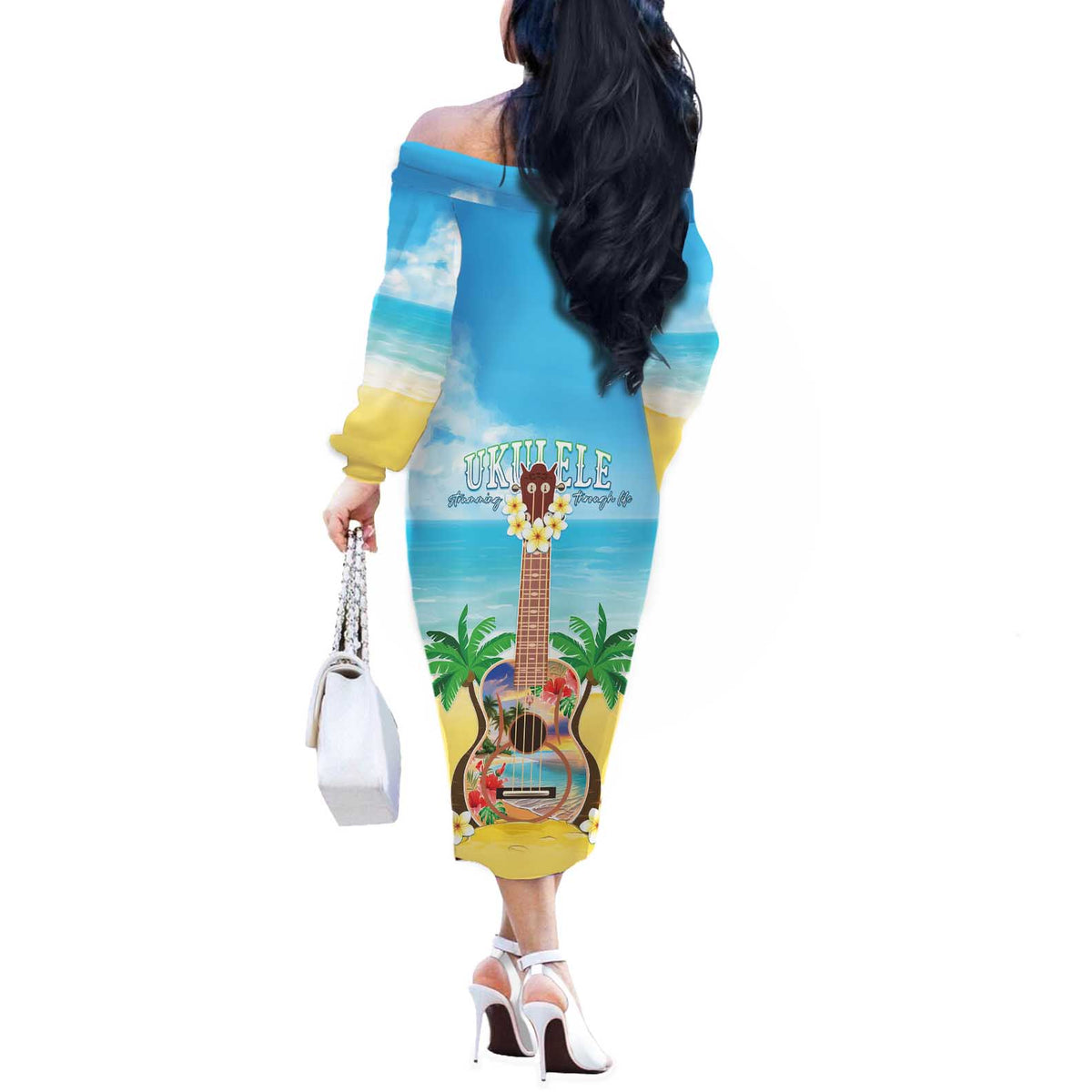 Hawaiian Ukulele Off The Shoulder Long Sleeve Dress Sound Of Happiness