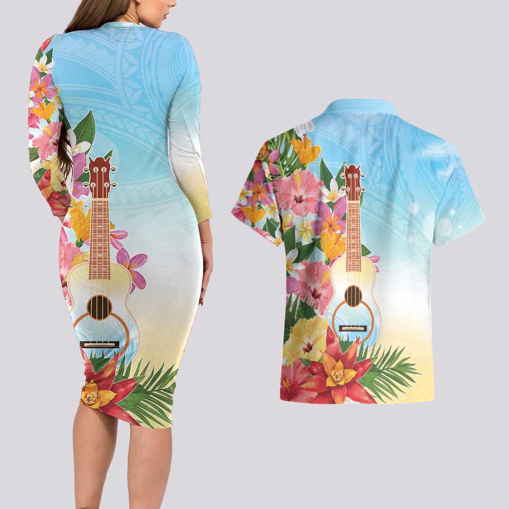 National Ukulele Day Couples Matching Long Sleeve Bodycon Dress and Hawaiian Shirt Tropical Vibe