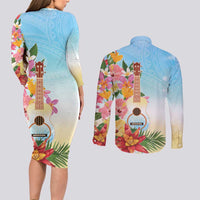 National Ukulele Day Couples Matching Long Sleeve Bodycon Dress and Long Sleeve Button Shirt Tropical Vibe LT05 - Polynesian Pride