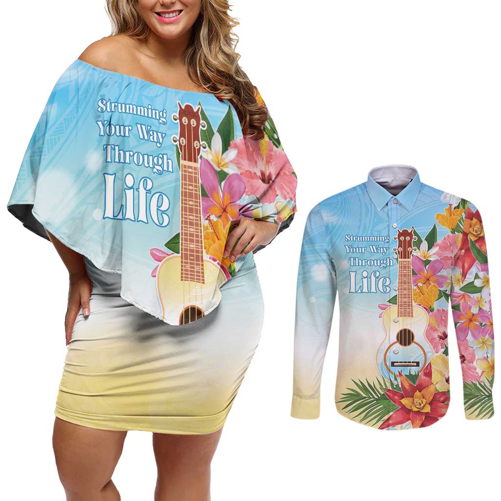National Ukulele Day Couples Matching Off Shoulder Short Dress and Long Sleeve Button Shirt Tropical Vibe LT05 Colorful - Polynesian Pride