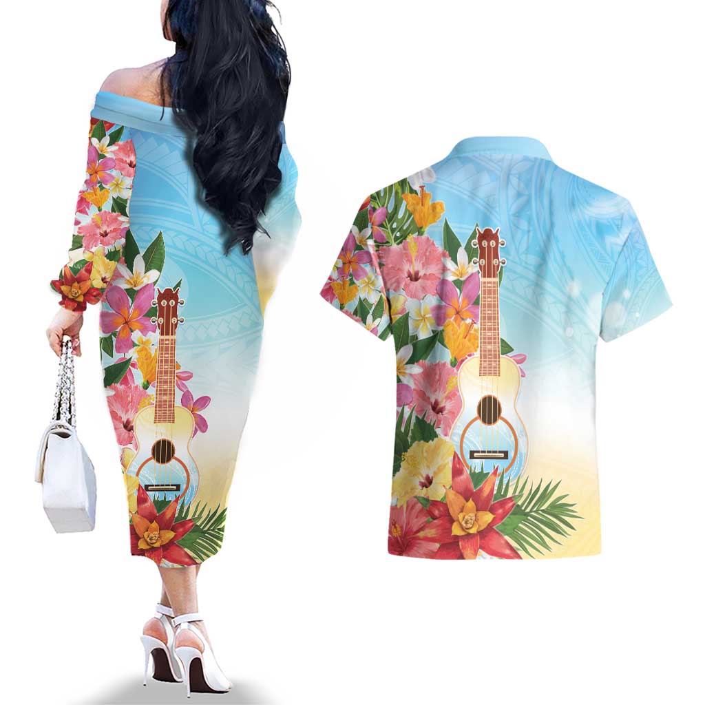 National Ukulele Day Couples Matching Off The Shoulder Long Sleeve Dress and Hawaiian Shirt Tropical Vibe