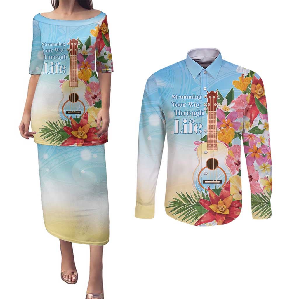 National Ukulele Day Couples Matching Puletasi and Long Sleeve Button Shirt Tropical Vibe