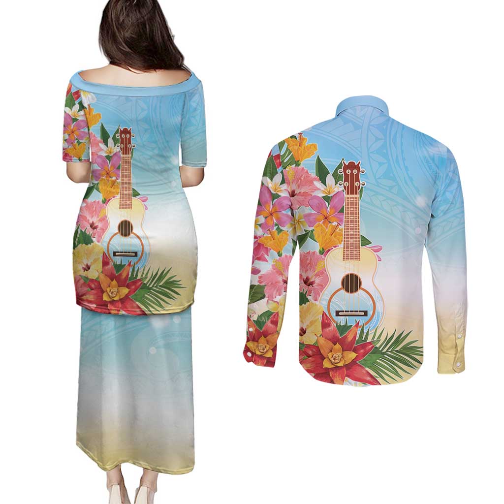 National Ukulele Day Couples Matching Puletasi and Long Sleeve Button Shirt Tropical Vibe