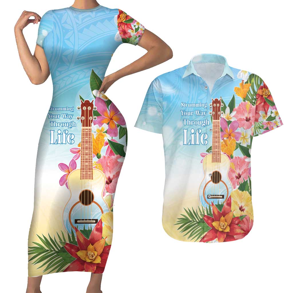 National Ukulele Day Couples Matching Short Sleeve Bodycon Dress and Hawaiian Shirt Tropical Vibe