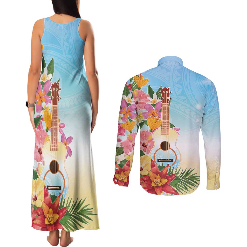 National Ukulele Day Couples Matching Tank Maxi Dress and Long Sleeve Button Shirt Tropical Vibe LT05 - Polynesian Pride