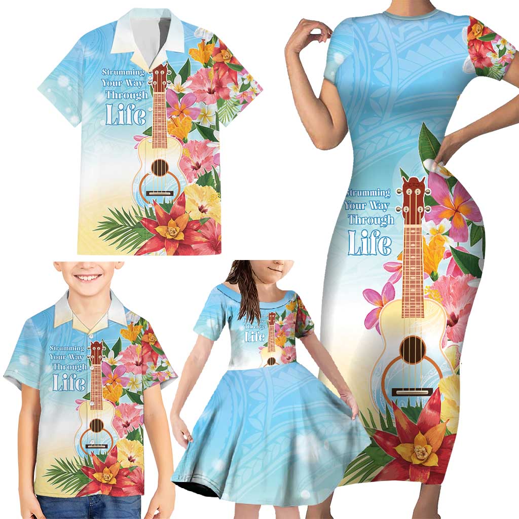 National Ukulele Day Family Matching Short Sleeve Bodycon Dress and Hawaiian Shirt Tropical Vibe