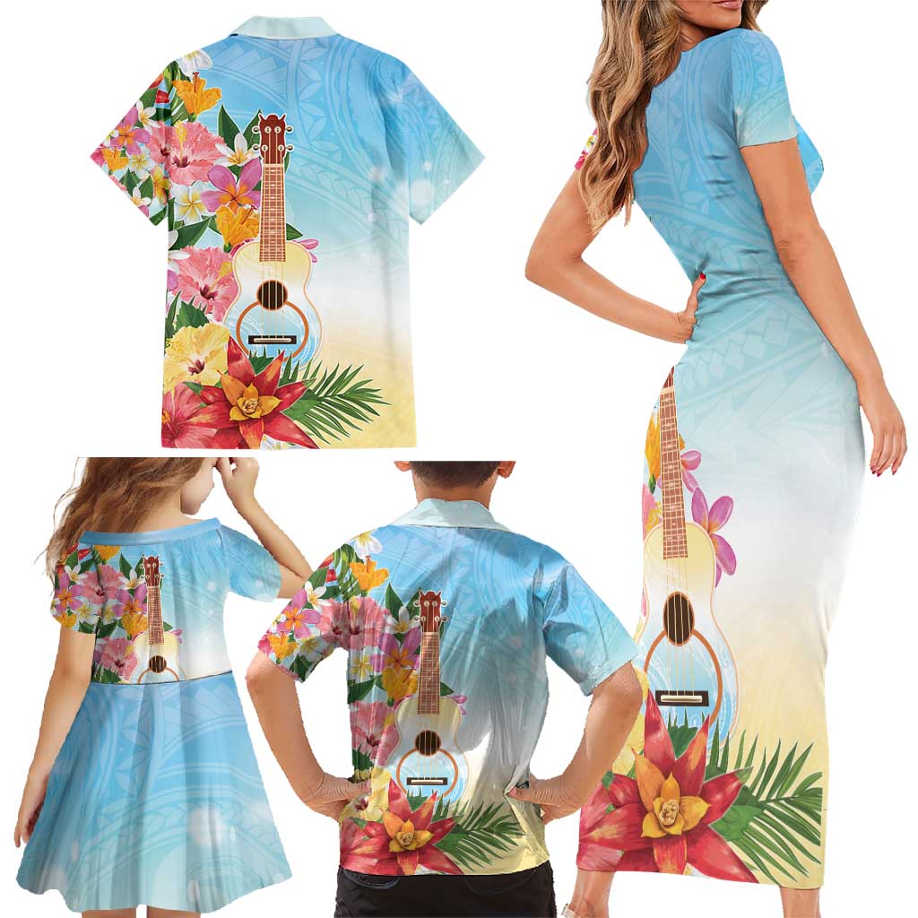 National Ukulele Day Family Matching Short Sleeve Bodycon Dress and Hawaiian Shirt Tropical Vibe