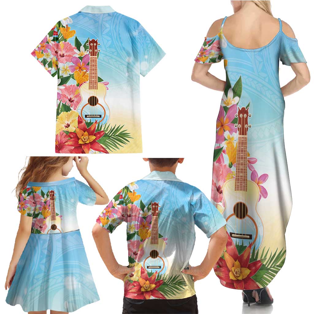 National Ukulele Day Family Matching Summer Maxi Dress and Hawaiian Shirt Tropical Vibe