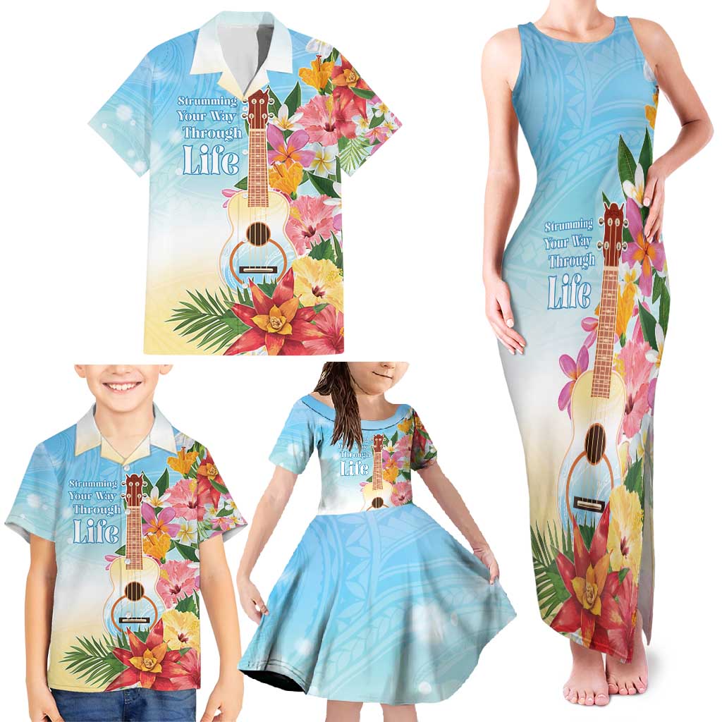 National Ukulele Day Family Matching Tank Maxi Dress and Hawaiian Shirt Tropical Vibe