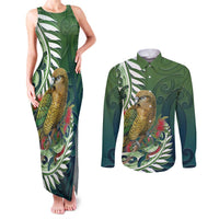 New Zealand Kea Bird Couples Matching Tank Maxi Dress and Long Sleeve Button Shirt With Maori Koru Fern - Polynesian Pride