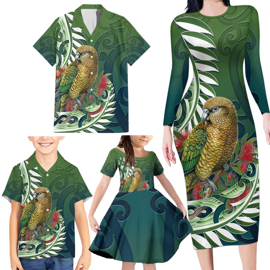 New Zealand Kea Bird Family Matching Long Sleeve Bodycon Dress and Hawaiian Shirt With Maori Koru Fern - Polynesian Pride