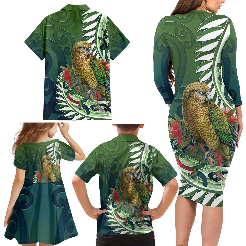 New Zealand Kea Bird Family Matching Long Sleeve Bodycon Dress and Hawaiian Shirt With Maori Koru Fern - Polynesian Pride