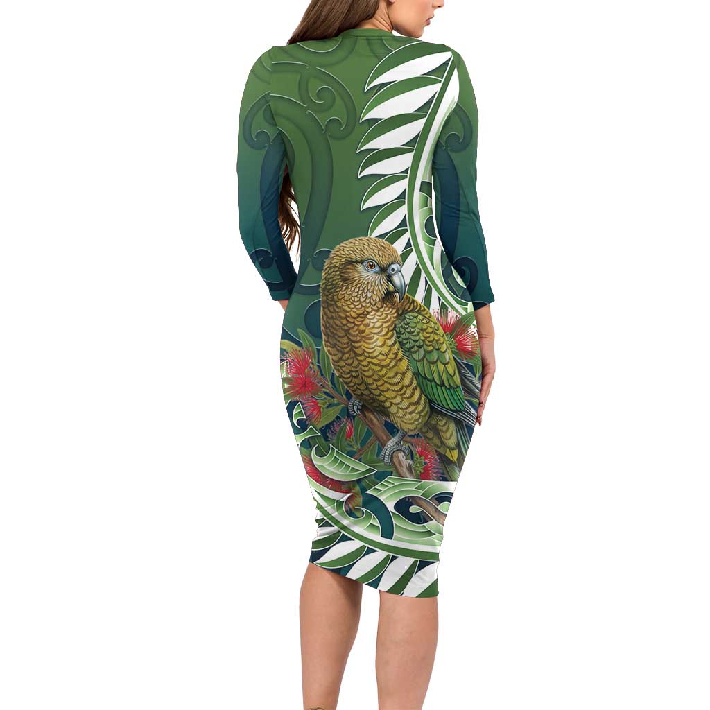 New Zealand Kea Bird Family Matching Long Sleeve Bodycon Dress and Hawaiian Shirt With Maori Koru Fern - Polynesian Pride