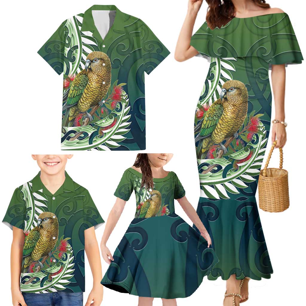 New Zealand Kea Bird Family Matching Mermaid Dress and Hawaiian Shirt With Maori Koru Fern - Polynesian Pride