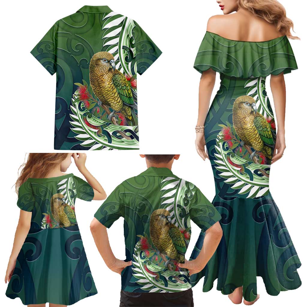 New Zealand Kea Bird Family Matching Mermaid Dress and Hawaiian Shirt With Maori Koru Fern - Polynesian Pride