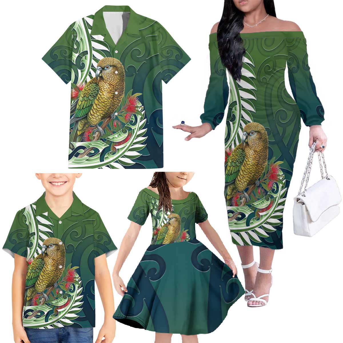 New Zealand Kea Bird Family Matching Off The Shoulder Long Sleeve Dress and Hawaiian Shirt With Maori Koru Fern - Polynesian Pride