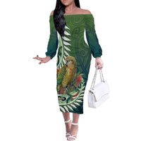 New Zealand Kea Bird Family Matching Off The Shoulder Long Sleeve Dress and Hawaiian Shirt With Maori Koru Fern - Polynesian Pride
