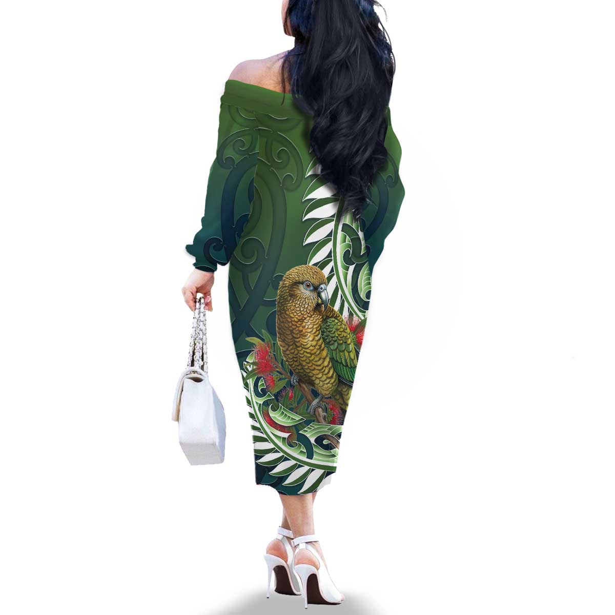 New Zealand Kea Bird Family Matching Off The Shoulder Long Sleeve Dress and Hawaiian Shirt With Maori Koru Fern - Polynesian Pride