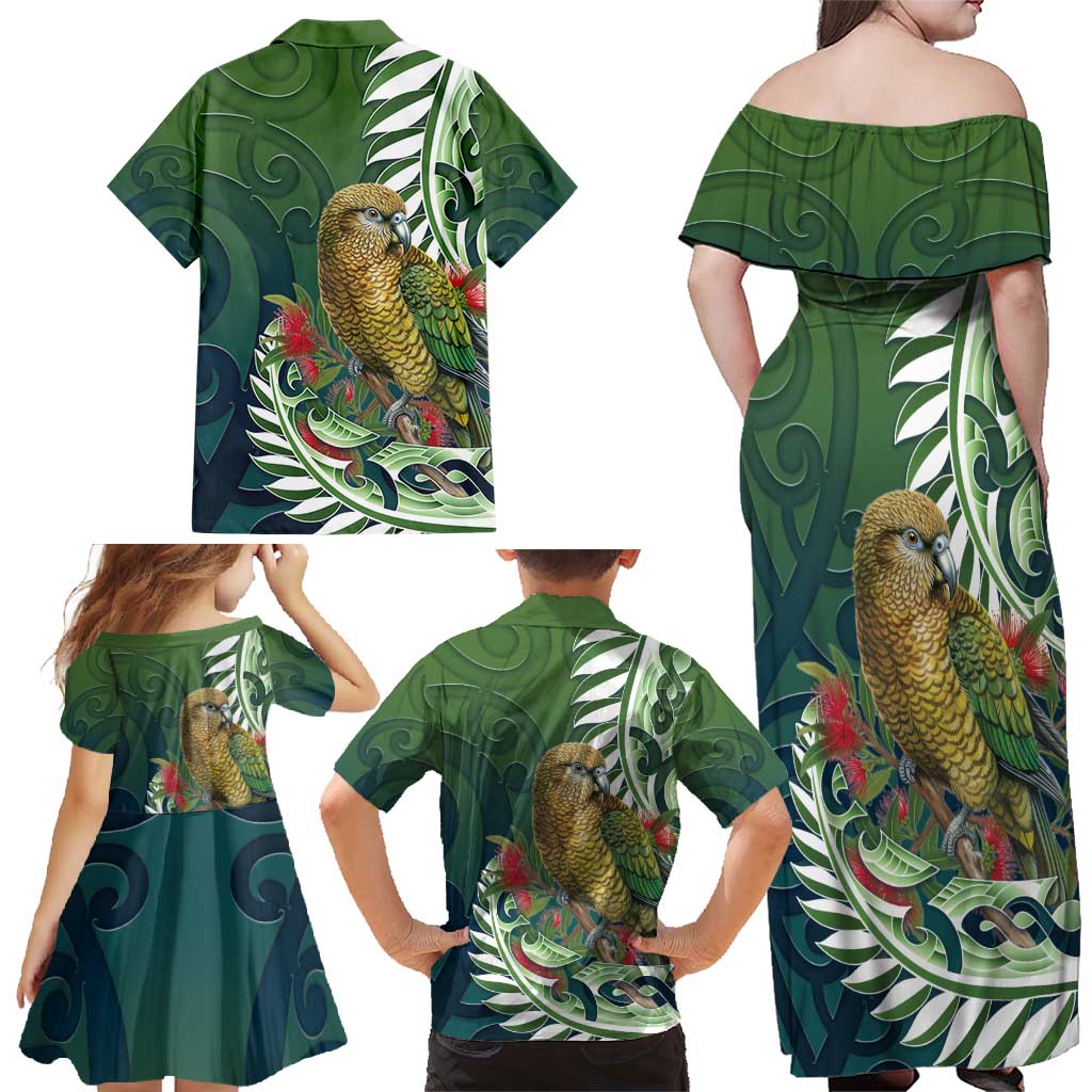 New Zealand Kea Bird Family Matching Off Shoulder Maxi Dress and Hawaiian Shirt With Maori Koru Fern - Polynesian Pride
