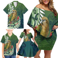 New Zealand Kea Bird Family Matching Off Shoulder Short Dress and Hawaiian Shirt With Maori Koru Fern - Polynesian Pride