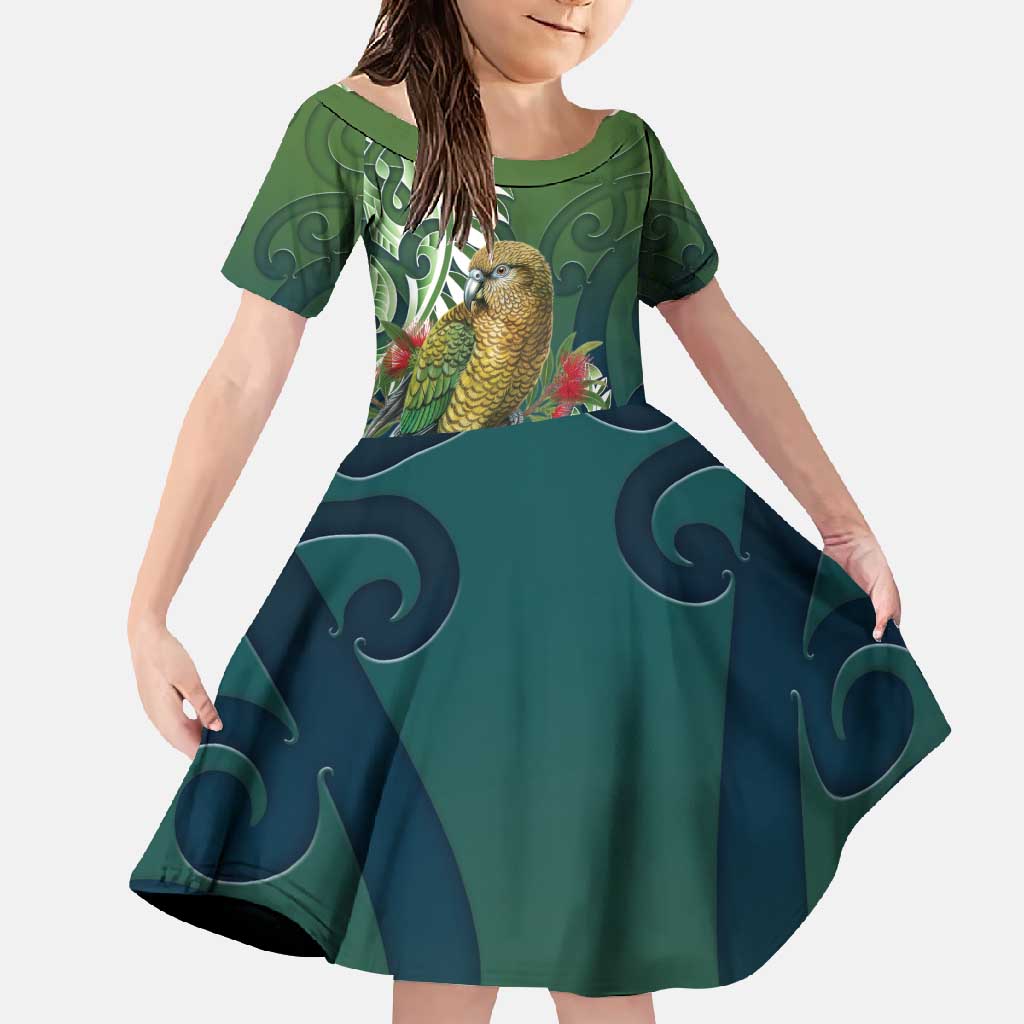 New Zealand Kea Bird Family Matching Short Sleeve Bodycon Dress and Hawaiian Shirt With Maori Koru Fern - Polynesian Pride