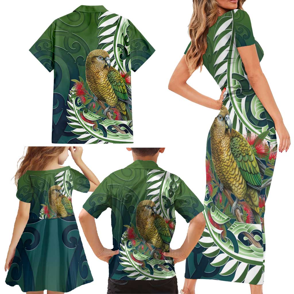 New Zealand Kea Bird Family Matching Short Sleeve Bodycon Dress and Hawaiian Shirt With Maori Koru Fern - Polynesian Pride