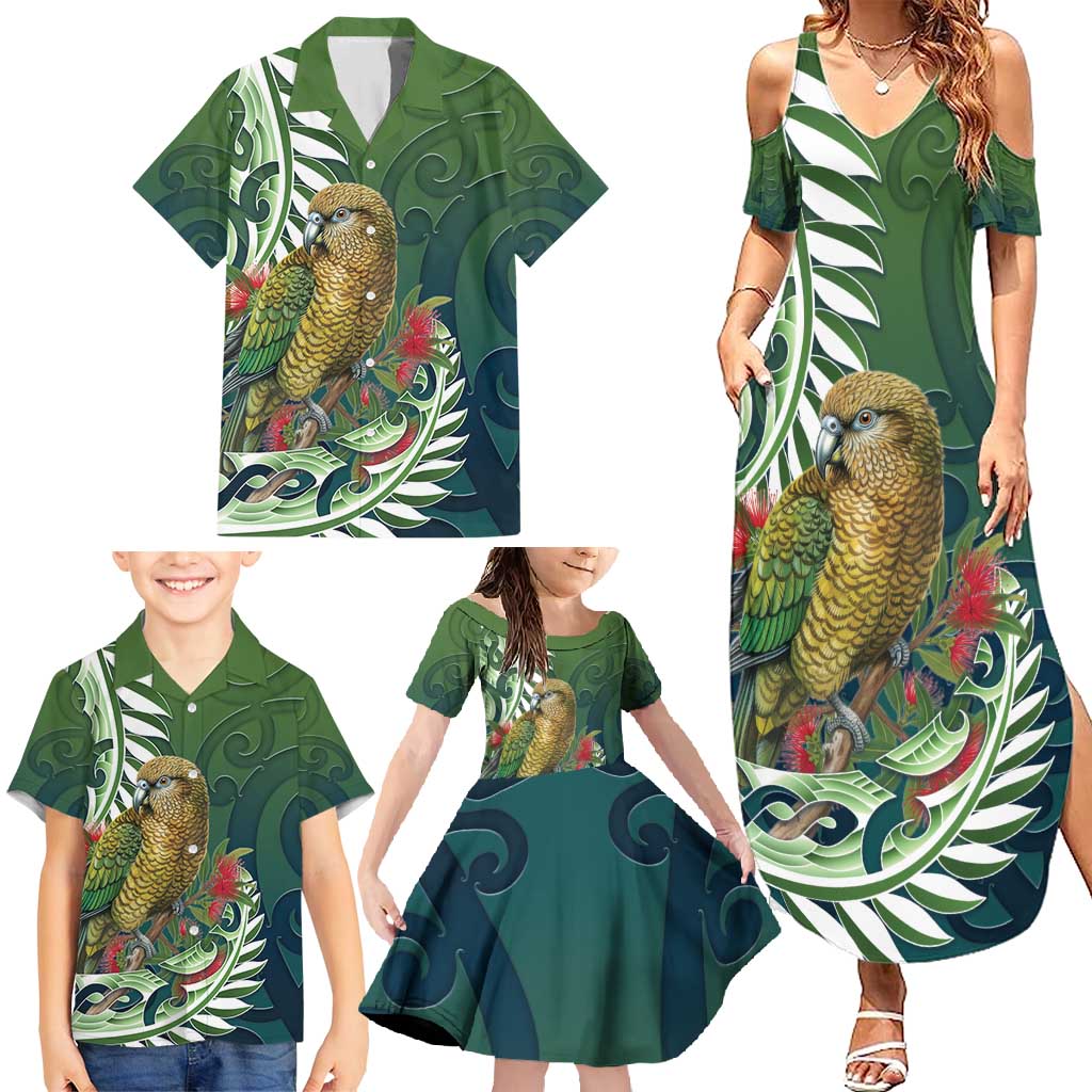 New Zealand Kea Bird Family Matching Summer Maxi Dress and Hawaiian Shirt With Maori Koru Fern - Polynesian Pride