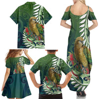 New Zealand Kea Bird Family Matching Summer Maxi Dress and Hawaiian Shirt With Maori Koru Fern - Polynesian Pride