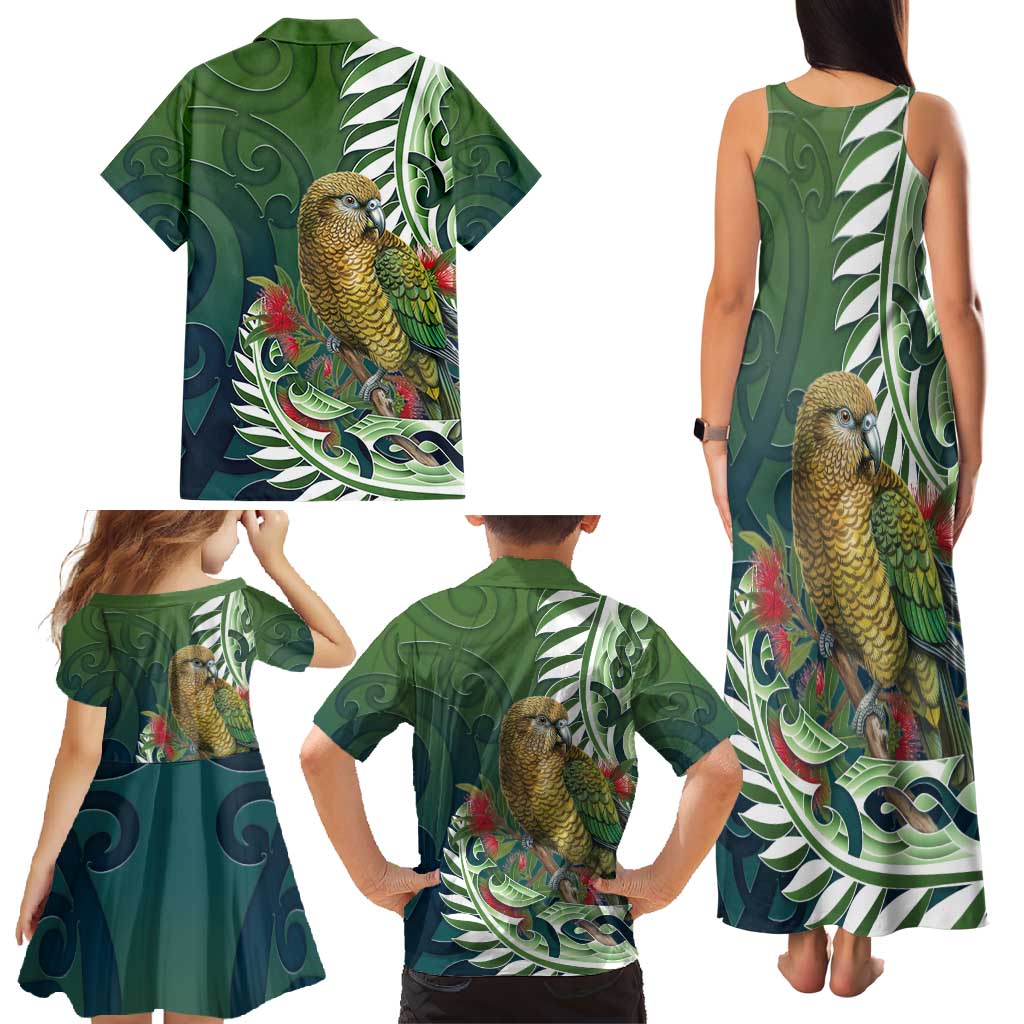 New Zealand Kea Bird Family Matching Tank Maxi Dress and Hawaiian Shirt With Maori Koru Fern - Polynesian Pride