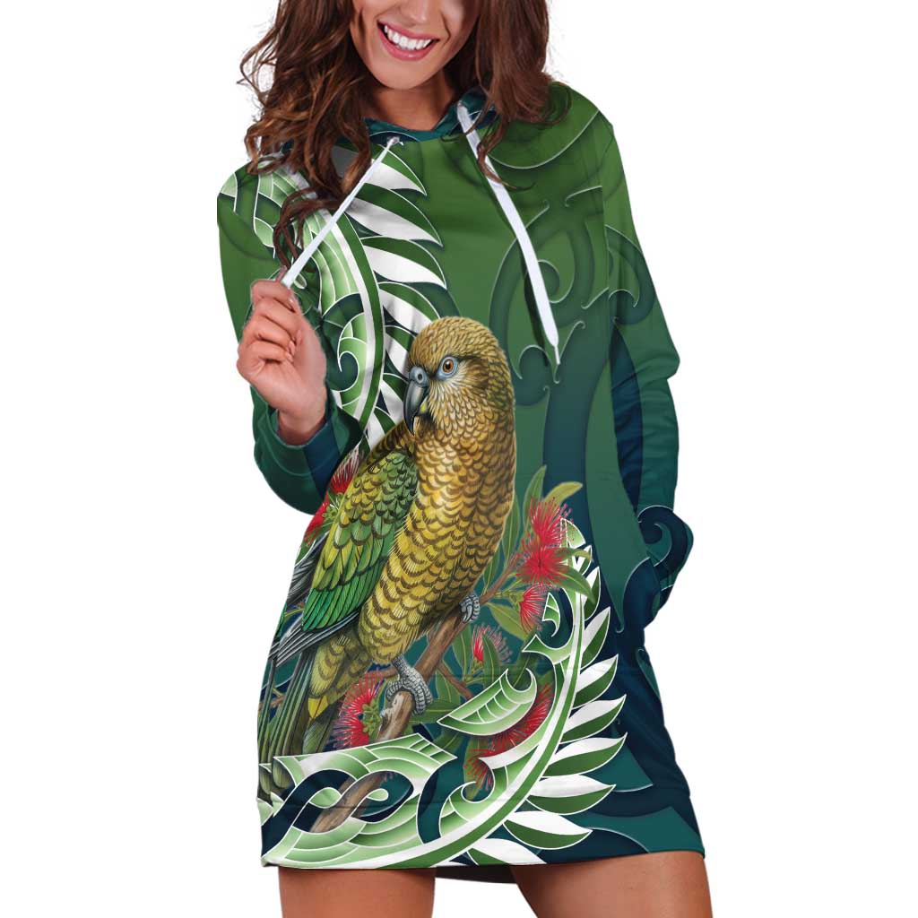 New Zealand Kea Bird Hoodie Dress With Maori Koru Fern LT05 Green - Polynesian Pride