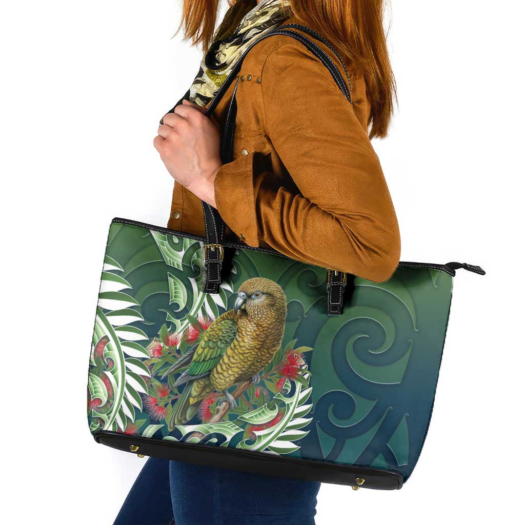 New Zealand Kea Bird Leather Tote Bag With Maori Koru Fern LT05 Green - Polynesian Pride