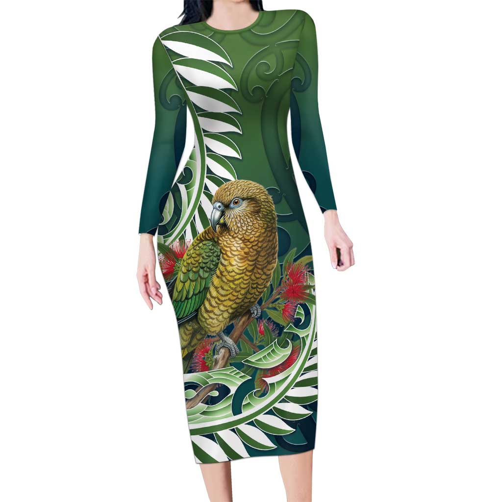 New Zealand Kea Bird Long Sleeve Bodycon Dress With Maori Koru Fern - Polynesian Pride