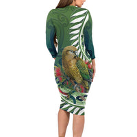 New Zealand Kea Bird Long Sleeve Bodycon Dress With Maori Koru Fern - Polynesian Pride