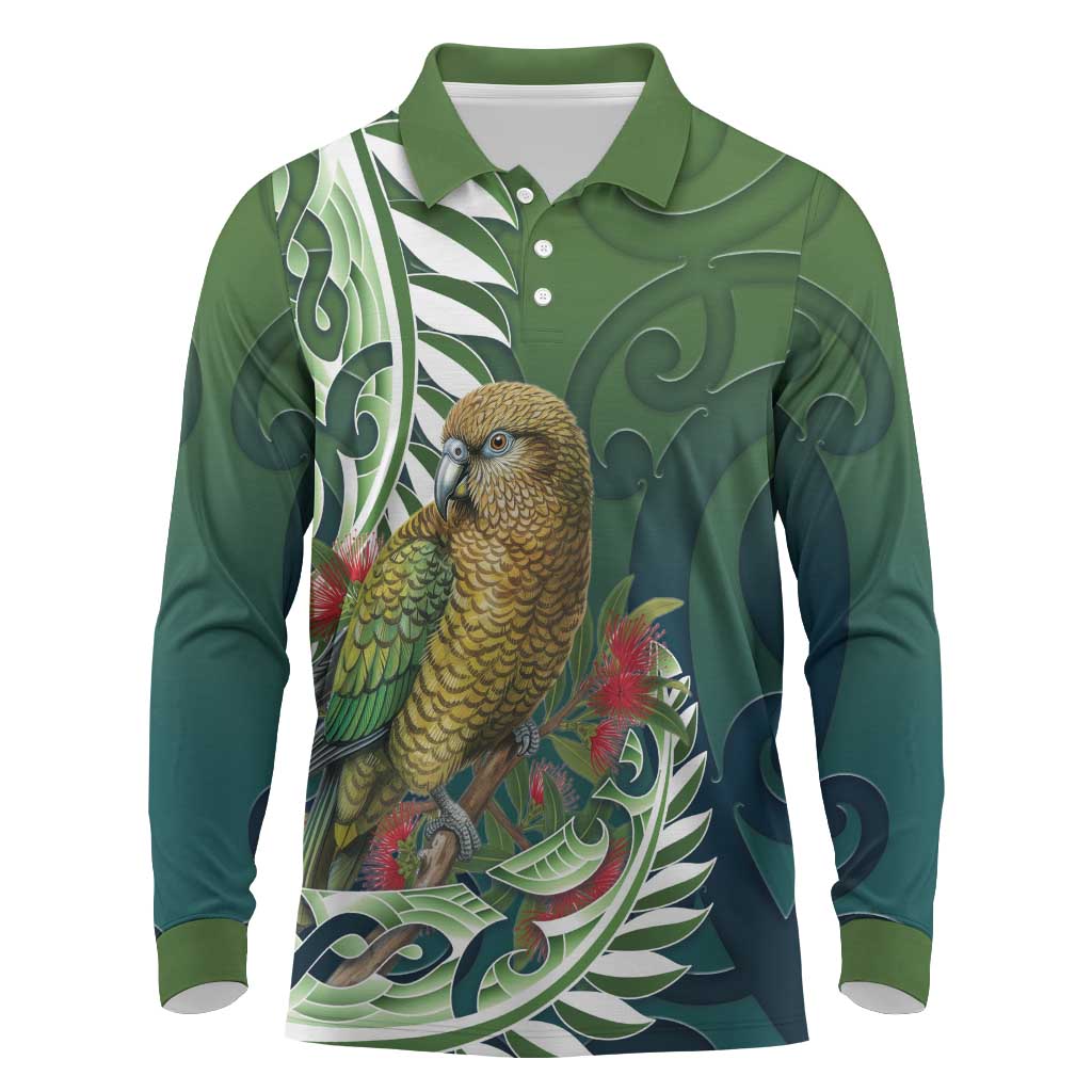 New Zealand Kea Bird Long Sleeve Polo Shirt With Maori Koru Fern - Polynesian Pride
