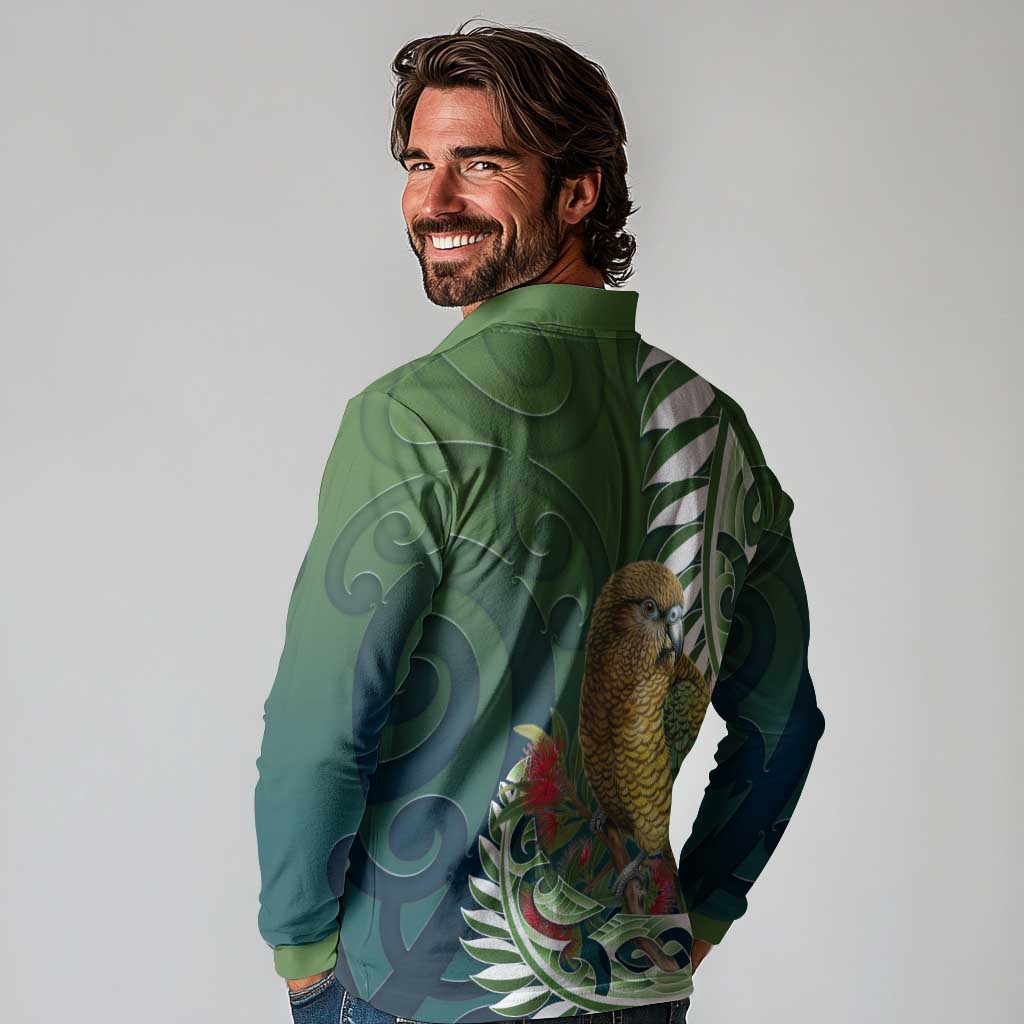 New Zealand Kea Bird Long Sleeve Polo Shirt With Maori Koru Fern - Polynesian Pride